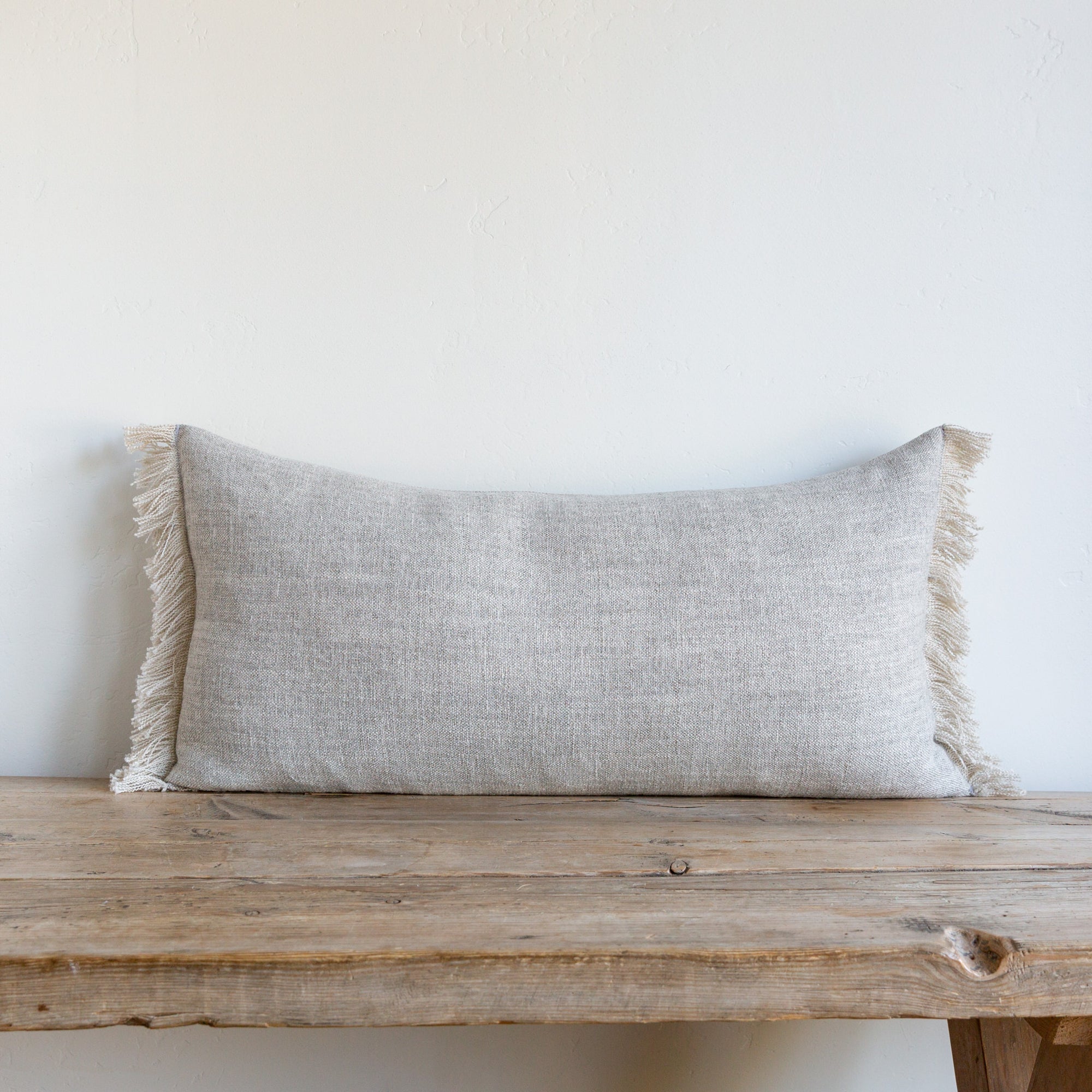 Two-Sided Linen Blend Tufted Lumbar Pillow with Button & Fringe
